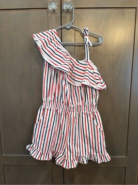 Janie and Jack Red, Navy & White One-Shoulder Striped Romper